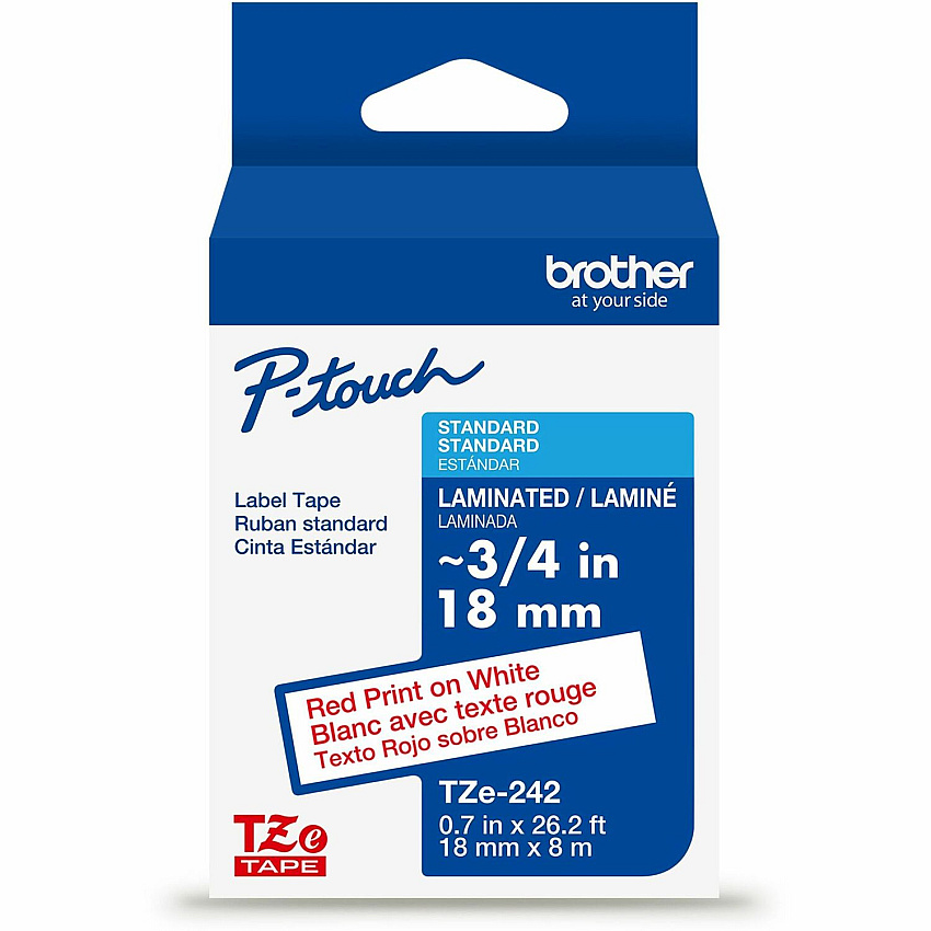 P-touch Genuine TZe242 RD on WHT Label Tape, Laminated, 18mmX8m 45/64" Width - White - Laminated - Water Resistant - 1 Each (TZE242G)