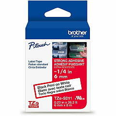 P-touch Genuine TZeS211 BK on WHT Label Tape, Strong Adhesive Lam., 6mmX8m 15/64" Width - White - Laminated - Water Resistant - 1 Each (TZES211G)