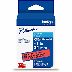 P-touch Genuine TZe451 BK on RD Label Tape, Laminated, 24mmX8m 15/16" Width - Black on Red - Laminated - Water Resistant - 1 Each (TZE451G)