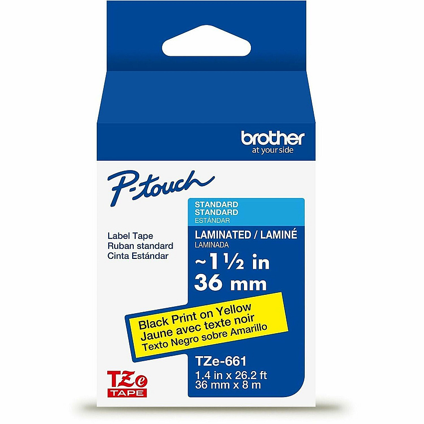 P-touch Genuine TZe661 BK on YL Label Tape, Laminated, 36mmX8m 1 27/64" Width - Yellow - Laminated - Water Resistant - 1 Each (TZE661G)