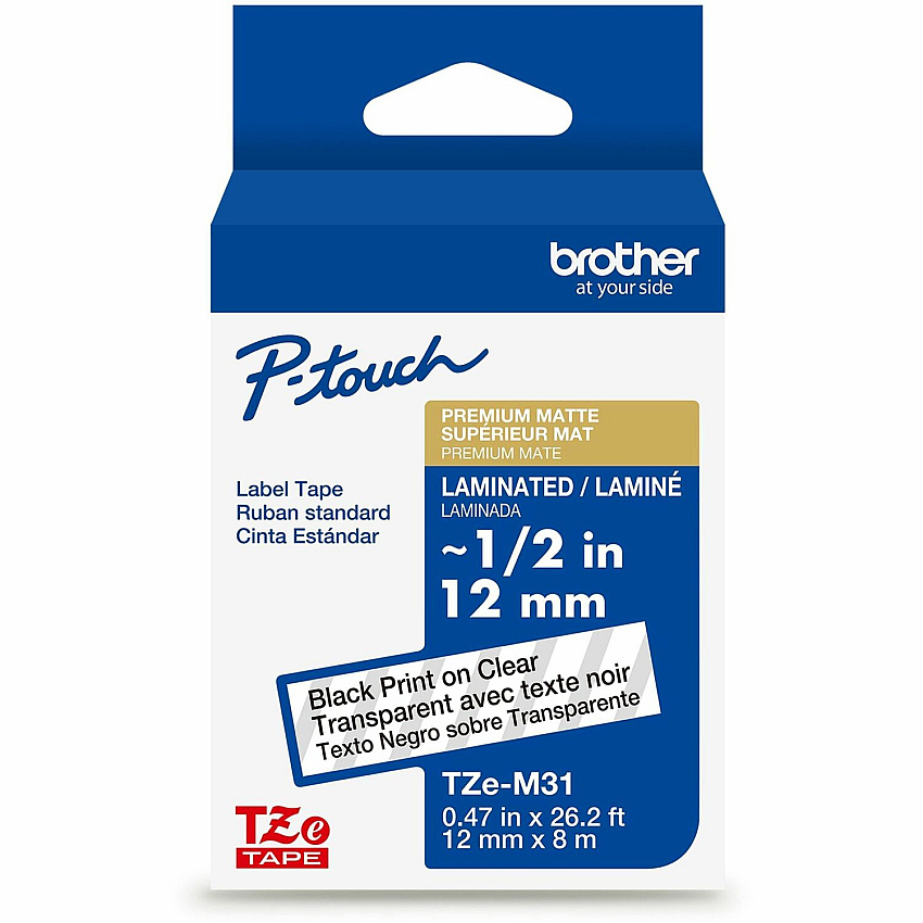 Brother Genuine P-touch TZeM31 BK on CLR Label Tape, Premium Matte Laminated, 12mmX8m 15/32" Width - Matte Clear - Laminated - Water Resistant - 1 Each (TZEM31G)