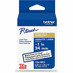 Brother Genuine P-touch TZeM51 BK on CLR Label Tape, Premium Matte Laminated, 24mmX8m 15/16" Width - Matte Clear - Laminated - Water Resistant - 1 Each (TZEM51G)