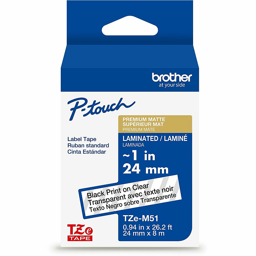 Brother Genuine P-touch TZeM51 BK on CLR Label Tape, Premium Matte Laminated, 24mmX8m 15/16" Width - Matte Clear - Laminated - Water Resistant - 1 Each (TZEM51G)