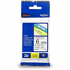 P-touch Genuine TZe211 BK on WHT Label Tape, Laminated, 6mmX8m x 15/64" Width - White - Polyethylene Terephthalate (PET) - Water Resistant - Laminated - 1 Each (TZE211G)