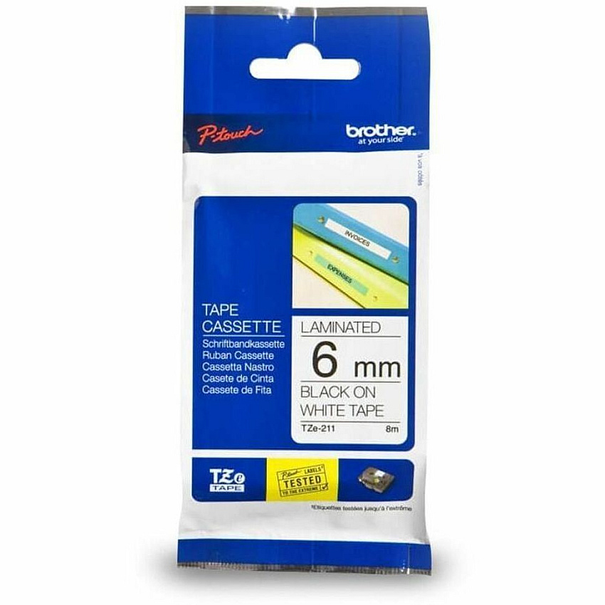 P-touch Genuine TZe211 BK on WHT Label Tape, Laminated, 6mmX8m x 15/64" Width - White - Polyethylene Terephthalate (PET) - Water Resistant - Laminated - 1 Each (TZE211G)