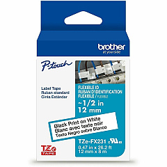 P-touch Genuine TZeFX231 BK on WHT Label Tape, Flexible ID Laminated, 12mmX8m x 15/32" Width - White - Polyester - Water Resistant - Laminated - 1 Each (TZEFX231G)