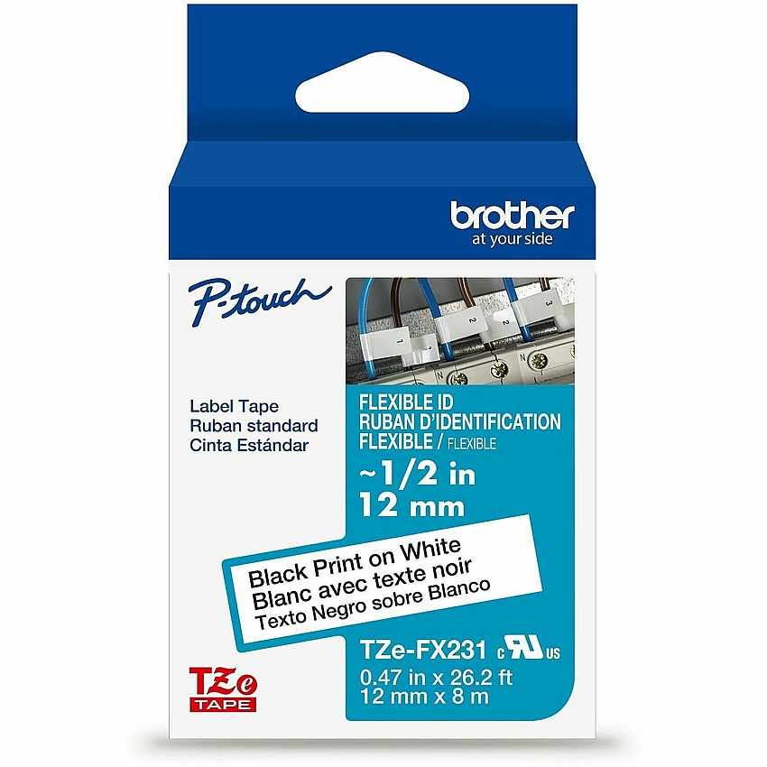 P-touch Genuine TZeFX231 BK on WHT Label Tape, Flexible ID Laminated, 12mmX8m x 15/32" Width - White - Polyester - Water Resistant - Laminated - 1 Each (TZEFX231G)