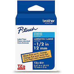 Brother Genuine P-touch TZeB31 BK on FLUOR ORG Label Tape, Laminated, 12mmX5m 15/32" Width - Fluorescent Orange - Laminated - Water Resistant - 1 Each (TZEB31G)