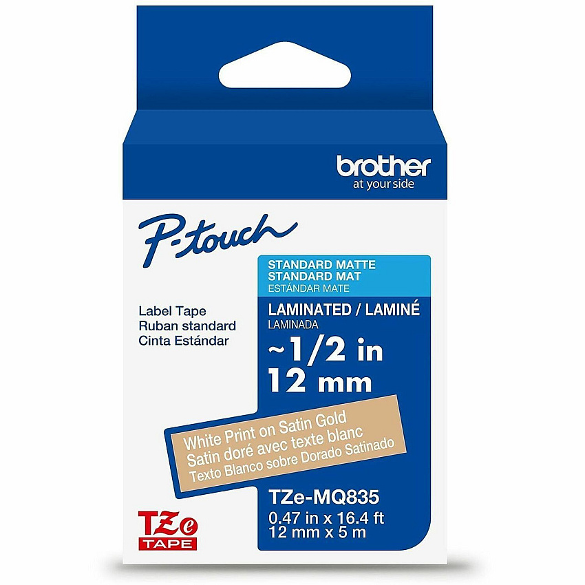 Brother Genuine P-touch TZeMQ835 WHT on SATIN GLD Label Tape, Laminated, 12mmX5m 15/32" Width - Satin Gold - Laminated - Water Resistant - 1 Each (TZEMQ835G)