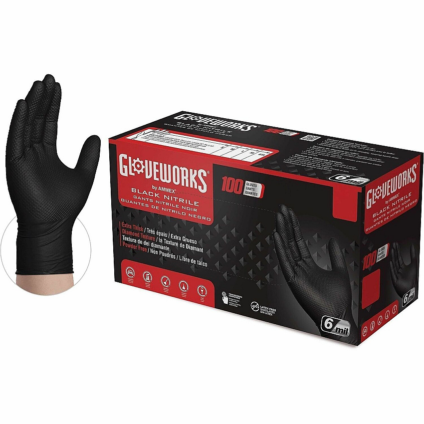 GloveWorks by AMMEX Gloveworks Powder-Free Industrial RDT Nitrile Gloves 6 mil Thickness x 18.26" Glove Length - Grime, Dirt, Snag Protection - Polymer Coating - Medium Size - For Right/Left Hand - Nitrile - Black - Raised Diamond Grip, Latex- (GWBN44100)