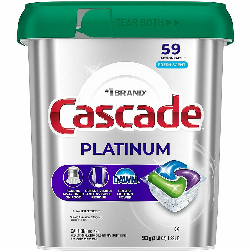 Cascade Platinum ActionPacs For Glassware, Dish, Dishwasher - Pod - Recommended For: Residue Remover, Dried-on Food Remover, Grease Remover - Enzyme Activated, Kosher - Silver - 59 - 1 Each (15681)