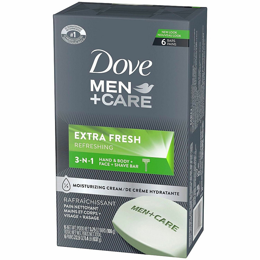 Dove Men+Care Extra Fresh Body&Face Bars 3.75 oz - Bacteria Remover - Body, Face, Skin - Moisturizing - Antibacterial - Green - 6 / Pack (01208)