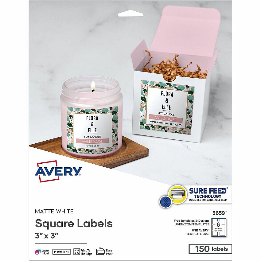 Avery Matte White 3"x3" Square Labels 3" Height x 3" Width - Permanent Adhesive - Square - Laser, Inkjet - White Matte - Paper - 6 / Sheet - 150 / Pack (05659)