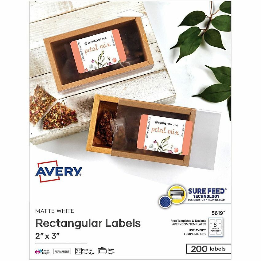 Avery Matte White Rectangular Labels x 3" Width x 2" Length - Rectangle - Inkjet, Laser - Matte - Matte White - 8 / Sheet - For Label Printer - 200 / Pack (05619)