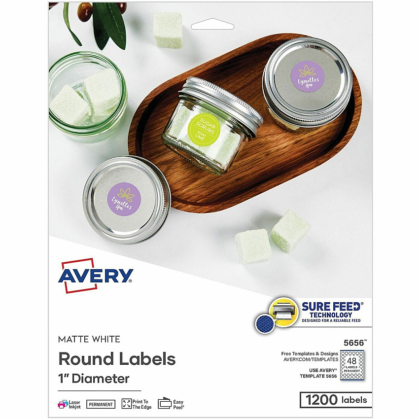 Avery Matte White 1" Round Labels 1" Diameter - Round - Laser, Inkjet - White Matte - 48 / Sheet - 1200 / Pack (05656)