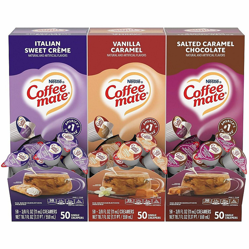 Coffee-mate Coffee mate Liquid Creamer Singles Italian Sweet Creme, Salted Caramel Chocolate, Vanilla Caramel, Rich Gelato Flavor - 8 fl oz (237 mL) - 1 Serving - 150 Singles/Pack - 3 / Carton (42865)