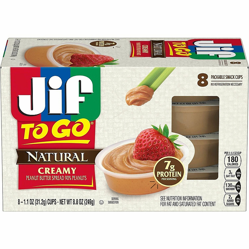 Jif To-Go Creamy Natural Peanut Butter Cups Natural, Creamy - 1.10 oz - 8 / Pack (99266)
