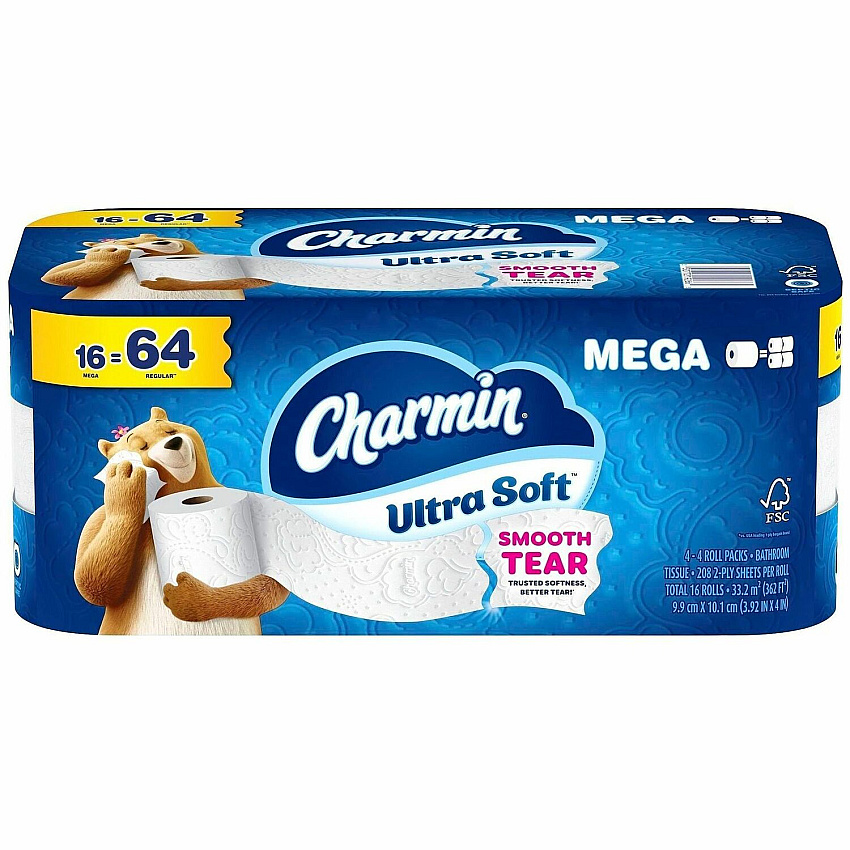 Charmin Ultra Soft Bathroom Tissue 2 Ply - Mega - 208 Sheets/Roll - 4" Roll Diameter - 1 1/2" Core - Diamond Weave Texture - White - 1 Carton (19266)
