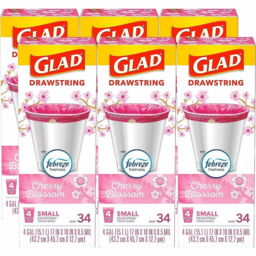 Glad Odorshield Small Drawstring Trash Bags Cherry Blossom - Small Size - 4 gal Capacity - 18" Length x 17" Width - Drawstring Closure - Pink - Garbage, Kitchen, Bedroom, Bathroom - 34/Box - 6 / Carton (79274CT)
