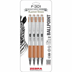 Zebra Pen F-301 EarthyTones Retractable Ballpoint Pens 0.7 mm Fine Pen Point - Refillable - Retractable - Black Ink - Terracota Stainless Steel Barrel - School, Journaling, Writing - 4 / Pack (27294)