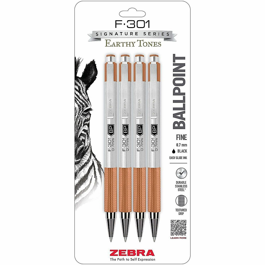 Zebra Pen F-301 EarthyTones Retractable Ballpoint Pens 0.7 mm Fine Pen Point - Refillable - Retractable - Black Ink - Terracota Stainless Steel Barrel - School, Journaling, Writing - 4 / Pack (27294)