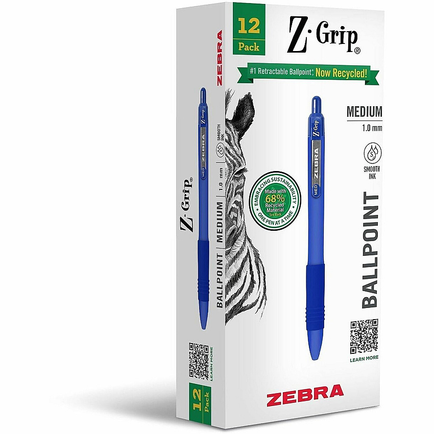Zebra Pen Z-Grip Recycled Retractable Ballpoint Pens 1 mm, Medium Pen Point - Retractable - Blue Ink - School, Home, Journaling - 1 Dozen (20620)
