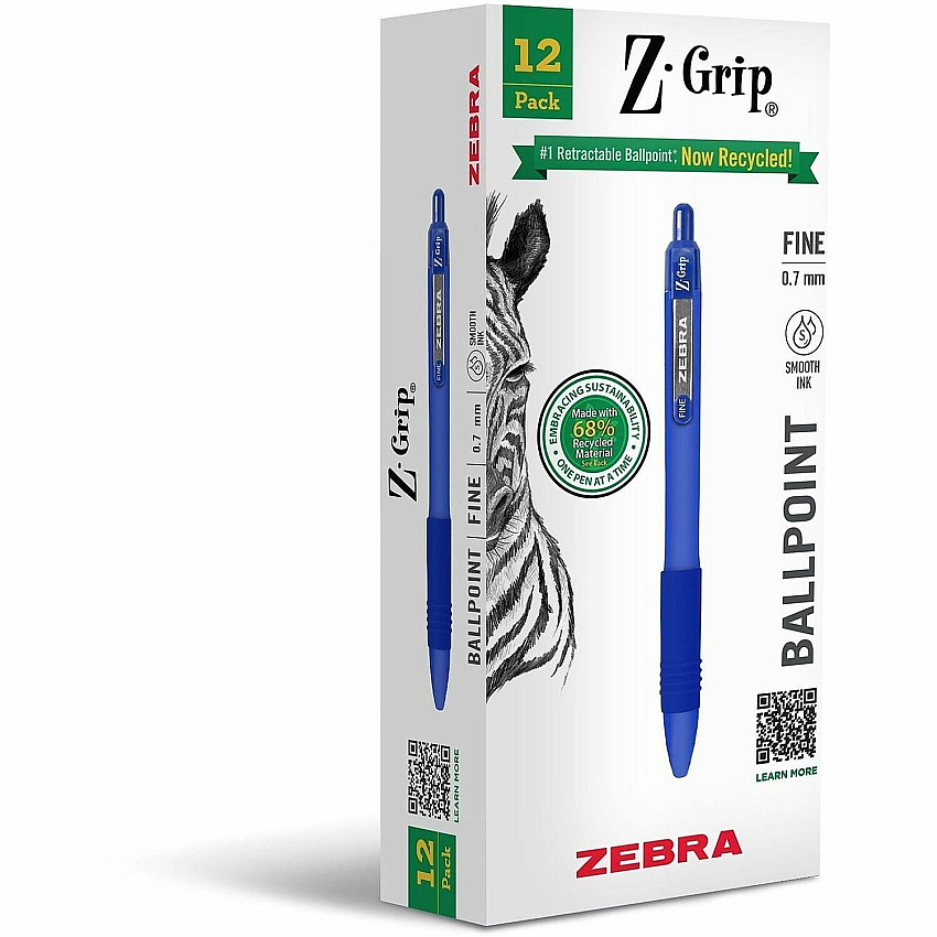 Zebra Pen Z-Grip Recycled Retractable Ballpoint Pens 0.7 mm Fine Pen Point - Retractable - Blue Ink - School, Home, Journaling - 1 Dozen (20720)