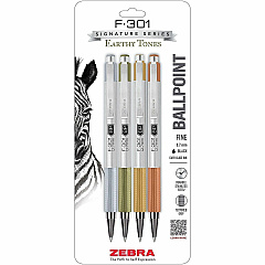 Zebra Pen F-301 EarthyTones Retractable Ballpoint Pens 0.7 mm Fine Pen Point - Refillable - Retractable - Black Ink - Assorted Stainless Steel Barrel - School, Journaling, Writing - 4 / Pack (27304)
