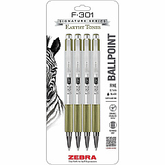 Zebra Pen F-301 EarthyTones Retractable Ballpoint Pens 0.7 mm Fine Pen Point - Refillable - Retractable - Black Ink - Sage Stainless Steel Barrel - School, Journaling, Writing - 4 / Pack (27244)