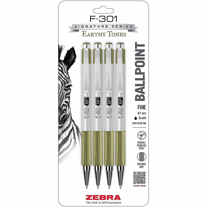 Zebra Pen F-301 EarthyTones Retractable Ballpoint Pens 0.7 mm Fine Pen Point - Refillable - Retractable - Black Ink - Sage Stainless Steel Barrel - School, Journaling, Writing - 4 / Pack (27244)