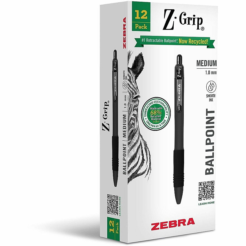 Zebra Pen Z-Grip Recycled Retractable Ballpoint Pens 1 mm, Medium Pen Point - Retractable - Black Ink - School, Home, Journaling - 1 Dozen (20610)