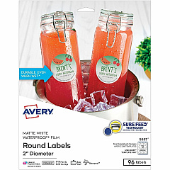 Avery 2" Waterproof Round Labels Waterproof - x 2" Diameter - Round - Inkjet, Laser - White Matte - Polyester Film - 12 / Sheet - 96 / Pack (05657) Avery 2" Waterproof Round Labels Waterproof - x 2" Diameter - Round - Inkjet, Laser - White Matte - Polyester Film - 12 / Sheet - 96 / Pack (05657)