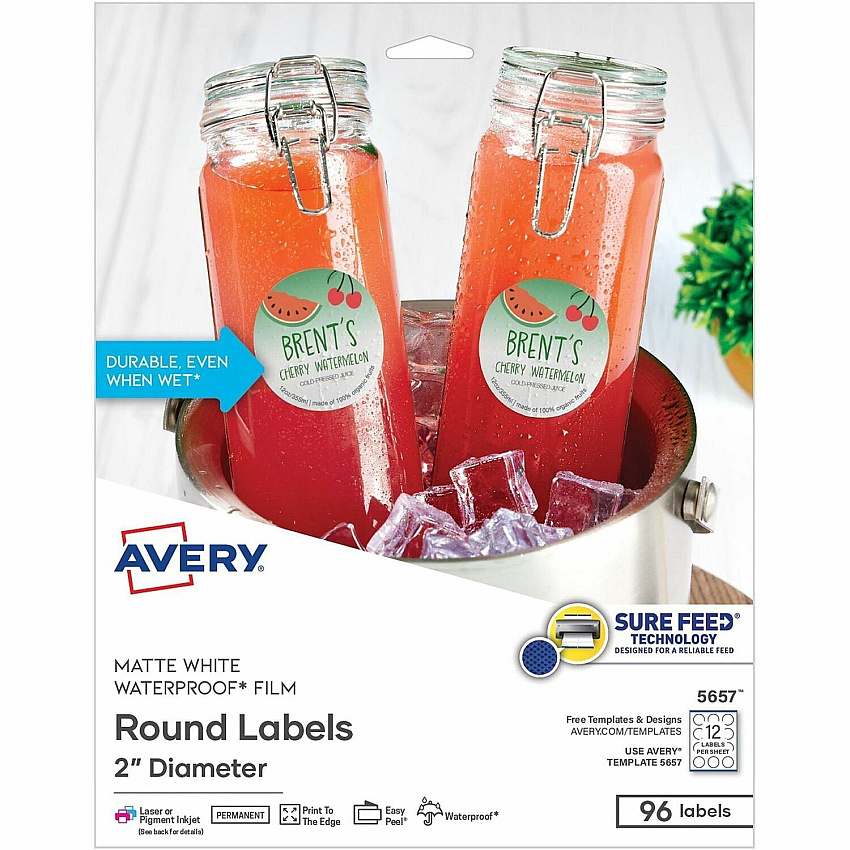 Avery 2" Waterproof Round Labels Waterproof - x 2" Diameter - Round - Inkjet, Laser - White Matte - Polyester Film - 12 / Sheet - 96 / Pack (05657)