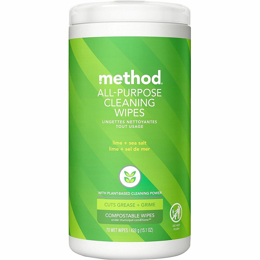 Method All-purpose Cleaning Wipes For Multipurpose, Multi Surface - Wipe - Lime + Seasalt Scent - Recommended For: Grease Remover, Grime Remover, Spill Remover, Gunk Remover, Dirt Remover - Cruelty-free, Pleasant Scent - Green - 70 Wipes/Tub - 1  (365355)