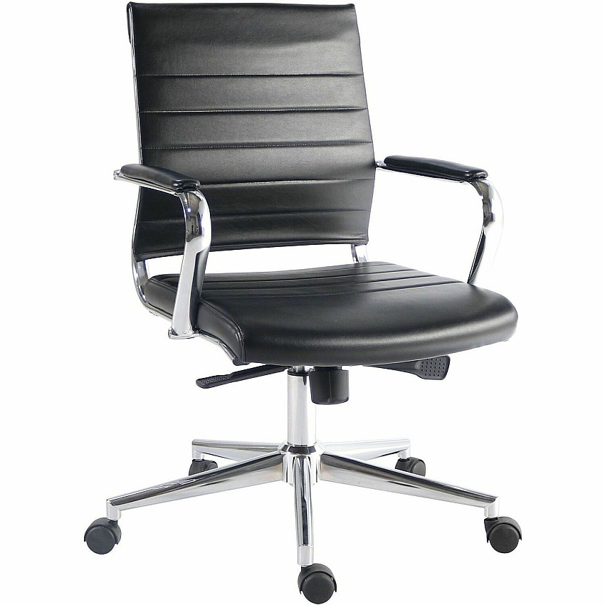 Lorell Tempo Modern Mid-Back Manager Chair Chrome Frame Material - Mid Back - Black - Leather, Chrome - Armrest - 1 Each (LLR63221)