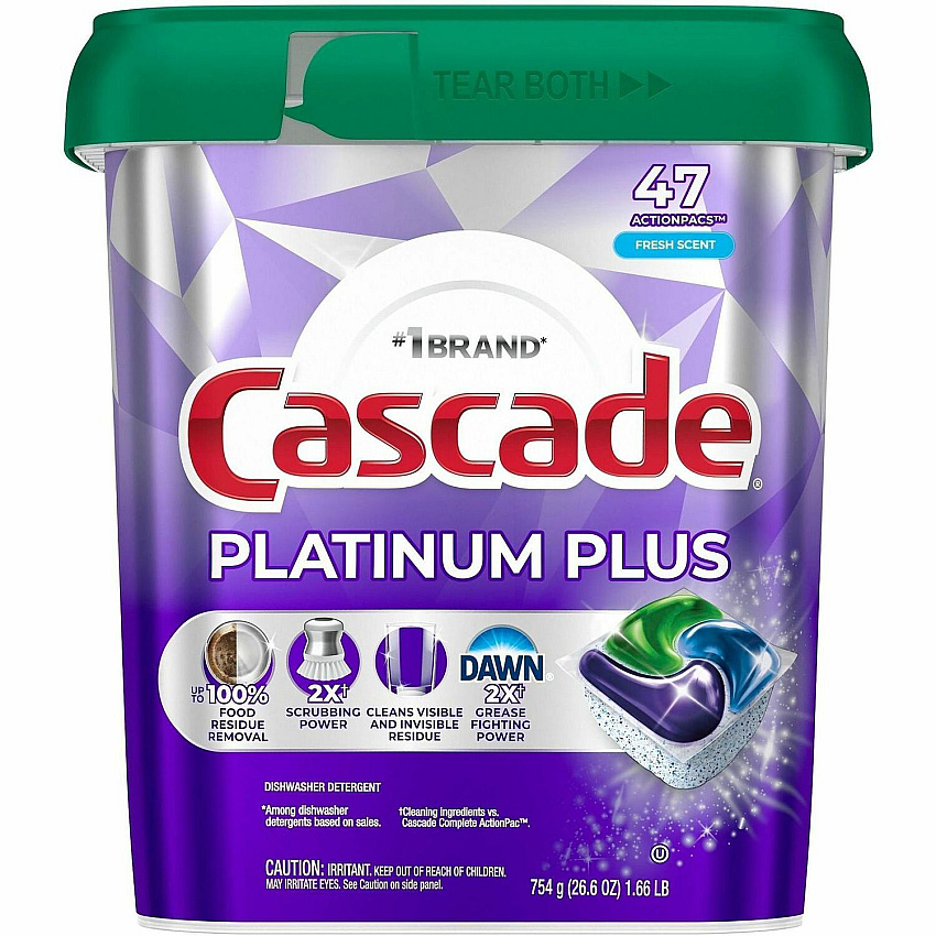 Cascade Platinum Plus ActionPacs For Multipurpose - Fresh Scent - Recommended For: Residue Remover, Dried-on Food Remover, Grease Remover, Food Remover - Enzyme Activated - Purple - 47 / Pack (15793)