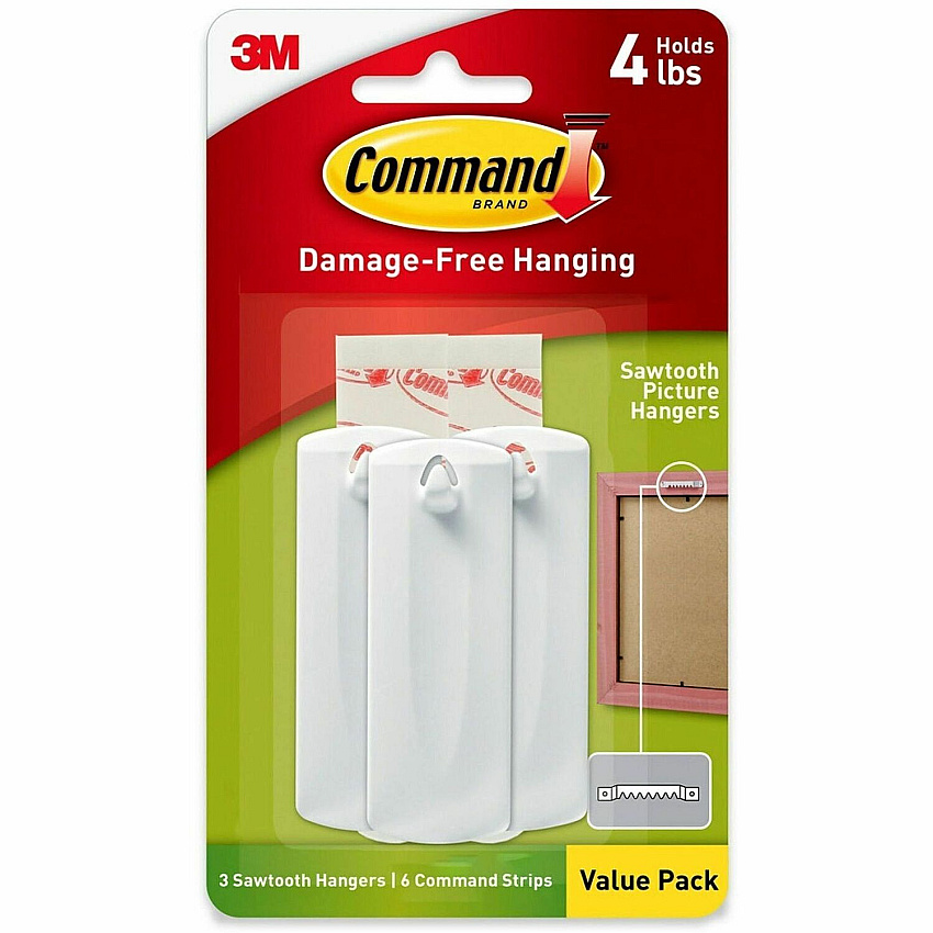 Command Sawtooth Picture Hangers 3 Hangers - 4 lb (1.81 kg) Capacity - Durable - Adhesive - for Pictures, Frame, Wall, Wood, Glass, Tile, Metal - White - 1 Pack (17042ES)