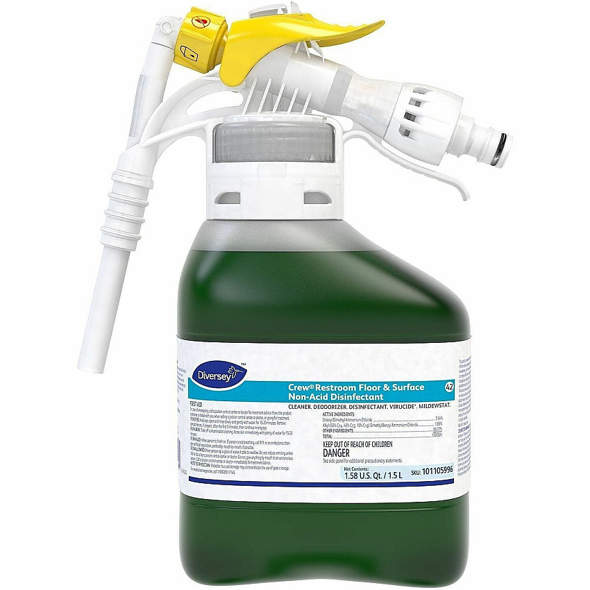 Diversey Crew Restroom Floor & Surface Non-Acid Disinfectant For Multi Surface, Multipurpose - Concentrate - Liquid - 50.7 fl oz (1.6 quart) - 6 to 8 pH - Fresh Scent - Deodorize, Disinfectant, Rinse-free, Virucidal, Mildewstatic - Green - 2 / (101105996)