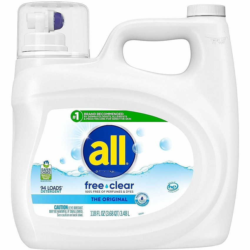 all Free Clear Liquid Laundry Detergent For Washing Machine, Laundry - Liquid - 118 fl oz (3.7 quart) - 94 Loads - Recommended For: Allergen Remover, Pet Dander Remover, Pollen Remover, Stain Remover, Microbe Remover, Dirt Remover - Skin-friendl (47463CT)