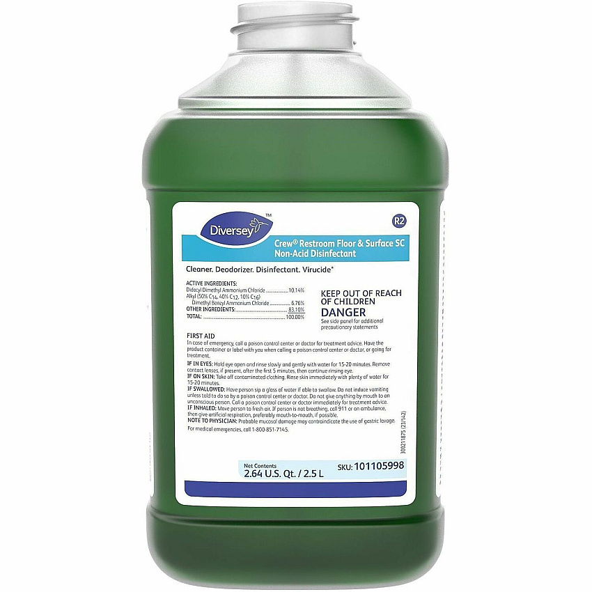 Diversey Crew Restroom Disinfectant Cleaner For Multi Surface, Multipurpose - Concentrate - Liquid - 84.5 fl oz (2.6 quart) - 6 to 8 pH - Fresh Scent - Recommended For: Virus Remover, Odor Remover - Deodorize, Disinfectant, Rinse-free, Virucid (101105998)