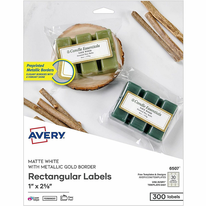 Avery Matte White Labels With Gold Borders x 1" Width x 2 5/8" Length - Permanent Adhesive - Inkjet, Laser - Matte White - Metallic Gold Border - For Label Printer - 300 / Pack (06507)