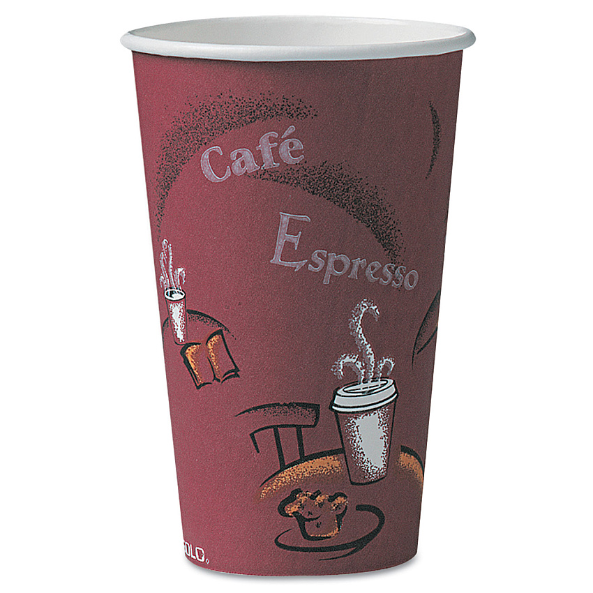 Dart Solo Paper Hot Drink Cups in Bistro Design, 16 oz, Maroon, 300/Carton (OF16BI0041)