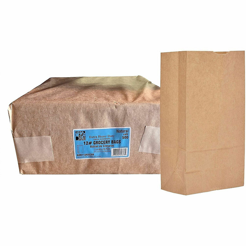 AJM #12 Extra Heavy-Duty Kraft Paper Grocery Bags #12 - Natural Kraft - Paper - Grocery, Supplies - 500 / Carton (GBN112G5CEHE)