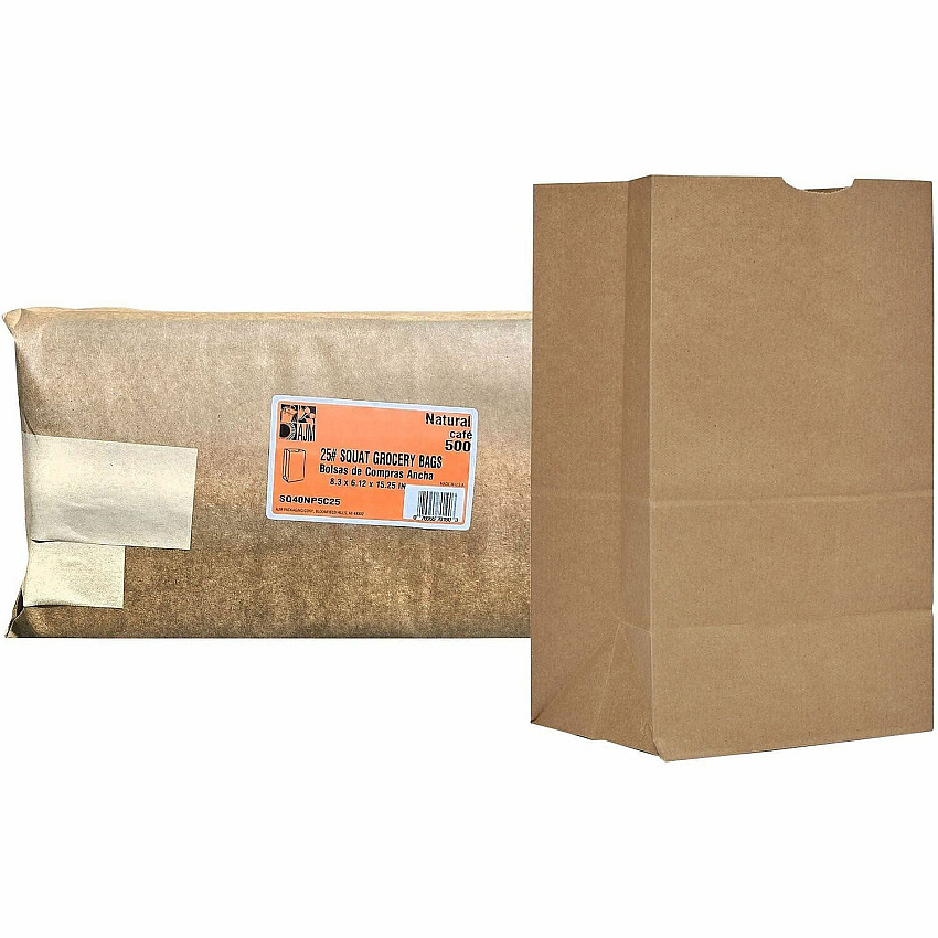 AJM #25 Squat Kraft Paper Grocery Bags #25 - 6.10" Length x 8.25" Width - Natural Kraft - Paper - Grocery - Recycled - 500 / Carton (SQ40NP5C25ES)