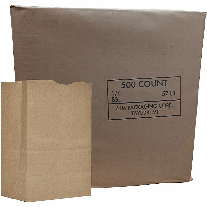 AJM 1/6 BBL #57 Kraft Paper Grocery Sacks #57 - 6.72 gal Capacity - Kraft - Paper - Foodservice, Grocery, Supplies - 500 / Carton (GS57NP5CES)