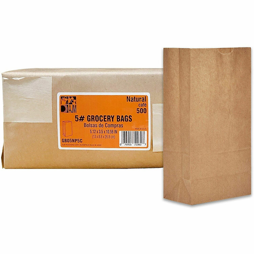 AJM #5 Squat Kraft Paper Grocery Bags #5 - Natural Kraft - Paper - Grocery, Supplies - Recycled - 500 / Carton (GB05NP5CES)