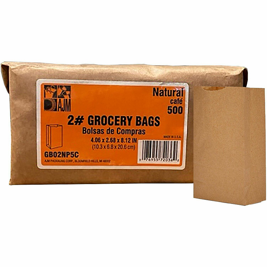 AJM #2 Kraft Paper Grocery Bags #2 - 2.40" Length x 4.30" Width - Brown - Paper - Grocery, Supplies - Recycled - 500 / Pack (GB02NP5CES)
