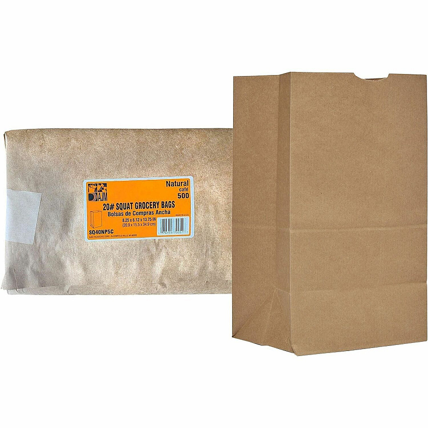 AJM #20 Squat Kraft Paper Grocery Bags #20 - Natural Kraft - Paper - Grocery, Supplies - Recycled - 500 / Carton (SQ40NP5CES)