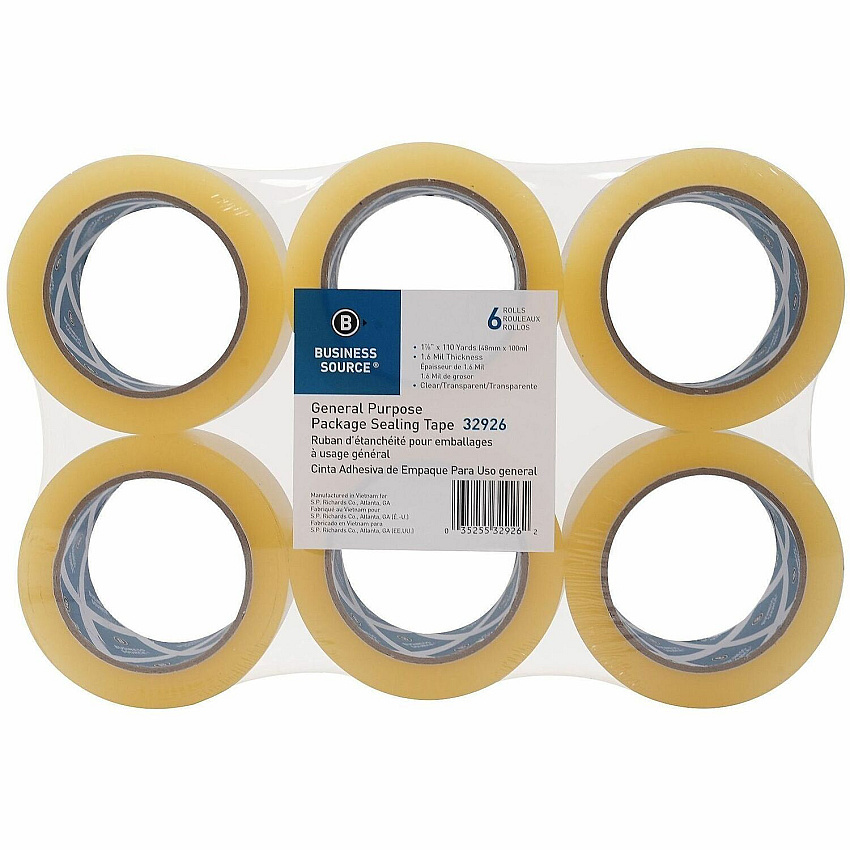 Business Source Heavy-duty Packaging/Sealing Tape 110 yd Length x 1.87" Width x 1.6 mil Thickness - 3" Core - Clear - Tear Resistant, Split Resistant, Break Resistant - For Packaging, Sealing - 6 / Pack (BSN32926)