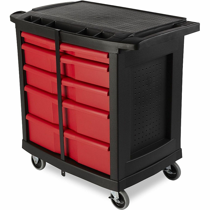 Rubbermaid Commercial 5-Drawer Mobile Work Center 5 Drawer - 250 lb Load Capacity - 4 Casters - 4" Caster Size - 32.63" Length x 19.90" Width x 33.50" Height - Black, Red - 1 Each (FG773488BLA)